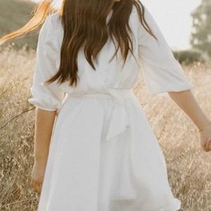 White Long Sleeve Satin Dress with Waist Ribbon